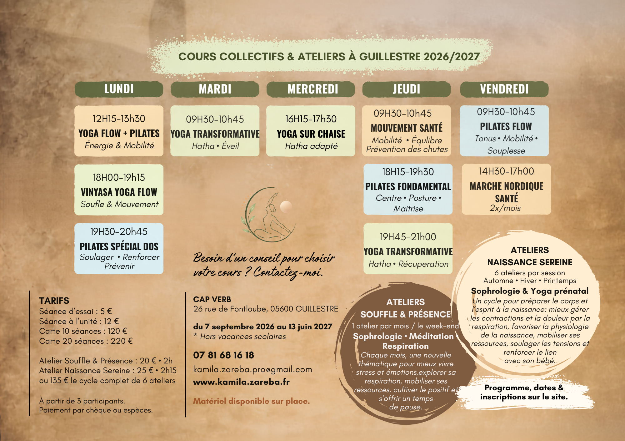 Planning 2026-2027 Au Corps Vivant à Guillestre : cours collectifs de yoga, Pilates, Mouvement Santé, yoga sur chaise, marche nordique et ateliers de sophrologie.