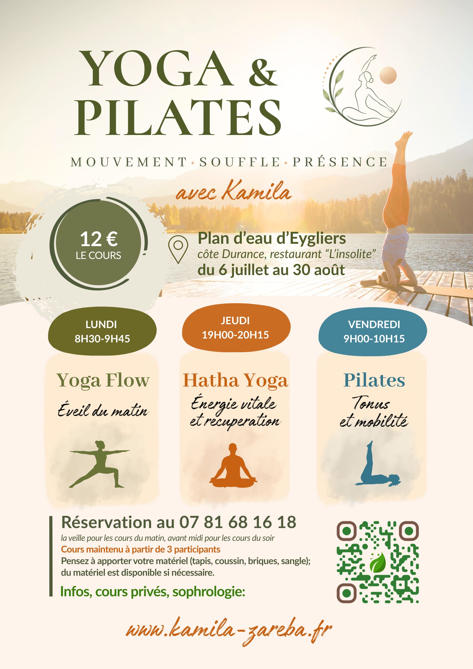 Pratique du yoga et du Pilates au bord du plan d'eau d'Eygliers, dans les Hautes-Alpes, lors des cours d'été 2026 animés par Kamila Zareba.