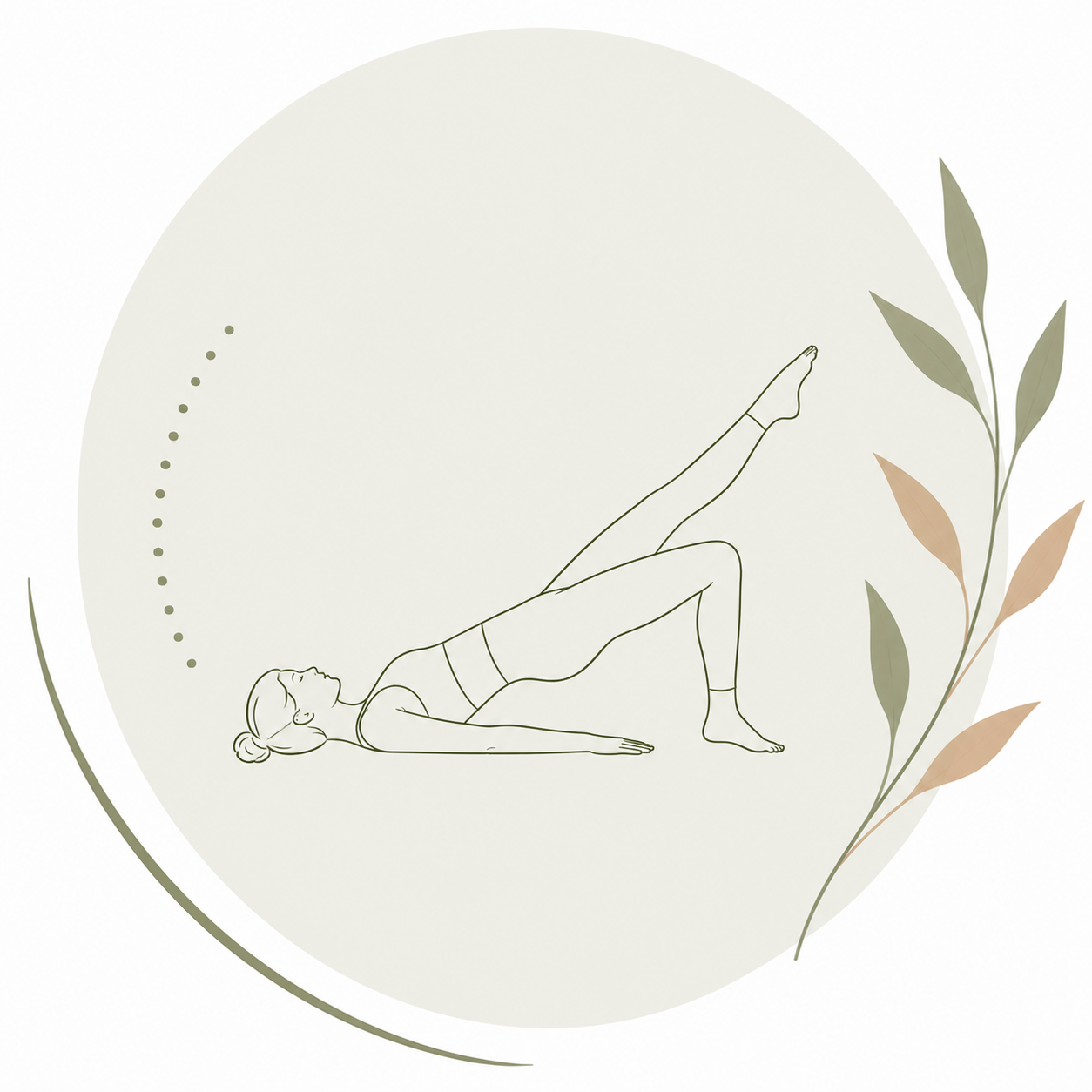 Illustration minimaliste d'un exercice de Pilates Shoulder Bridge sur une jambe, représentant la fluidité du mouvement lors des cours de Pilates proposés par Kamila Zareba à Guillestre, dans les Hautes-Alpes