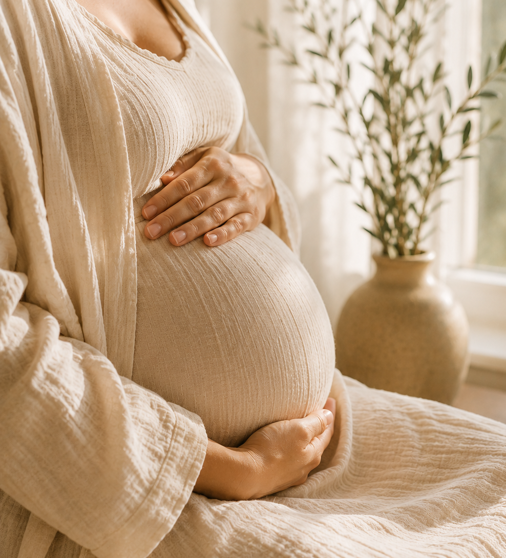 Ventre de femme enceinte entouré de ses mains, symbole du lien à soi, de la maternité et de l'accompagnement vers une naissance sereine