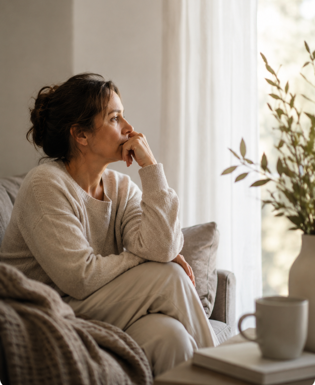 Femme réfléchissant près d'une fenêtre, illustrant les difficultés liées à la maladie chronique, à la douleur persistante et à la fatigue. Accompagnement en sophrologie à Guillestre pour mieux vivre avec la maladie et préserver sa qualité de vie.