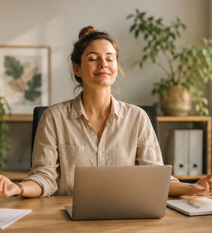 "Ambiance douce et apaisante évoquant le recul, la sérénité et la gestion du stress grâce à la sophrologie