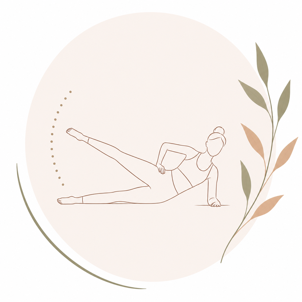 Illustration minimaliste d'un Shoulder Bridge sur une jambe, symbole de la fluidité, de la coordination et de la stabilité en Pilates, lors des cours de Pilates à Guillestre dans les Hautes-Alpes.