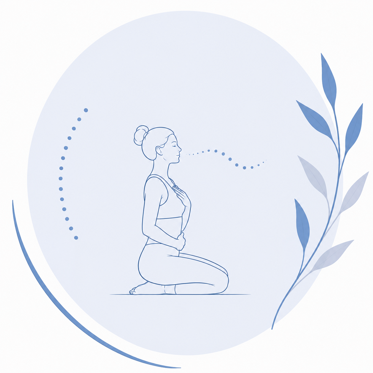 Illustration minimaliste d'une respiration consciente en Pilates, montrant une femme inspirant profondément afin de développer le souffle, la détente et la conscience corporelle, lors des cours de Pilates proposés par Kamila Zareba à Guillestre dans les Hautes-Alpes