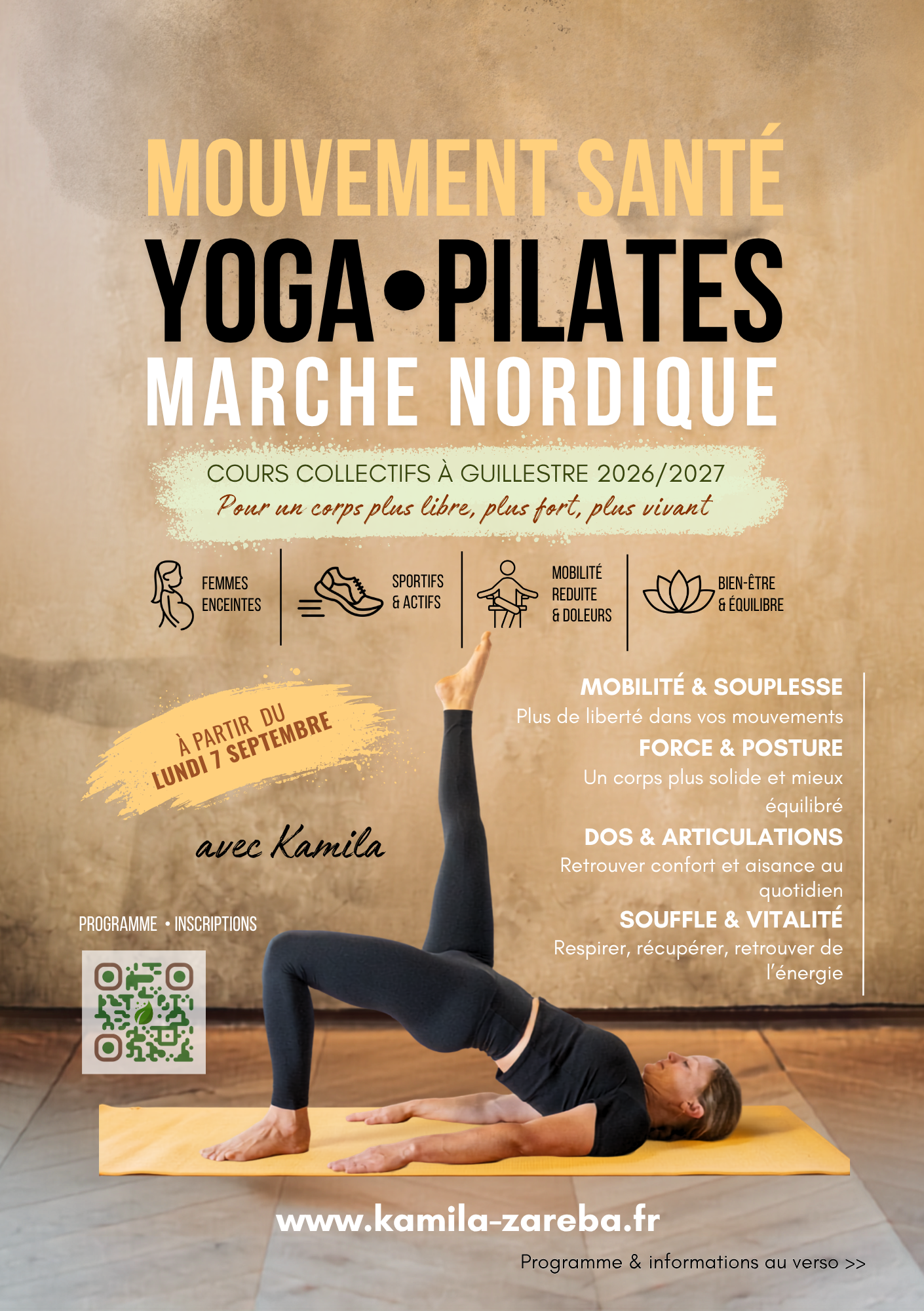 Flyer Au Corps Vivant avec Kamila à Guillestre – cours de yoga, Pilates, mouvement santé, marche nordique, yoga sur chaise et ateliers bien-être dans les Hautes-Alpes.