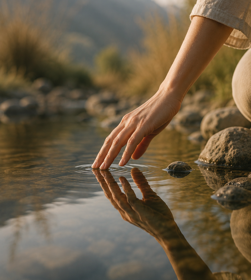 Relation au corps et image de soi en sophrologie, représentées par une main touchant l'eau et son reflet.