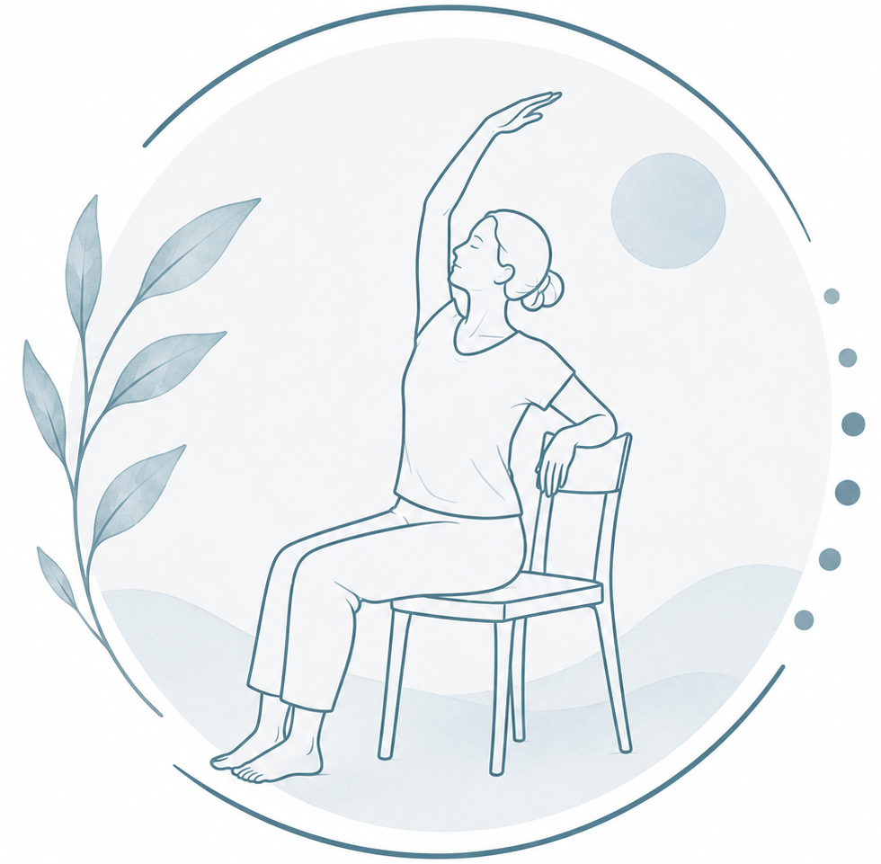 Pratique de yoga sur chaise lors d'un cours animé par Kamila Zareba à Guillestre, dans le Guillestrois-Queyras. Une posture douce et sécurisée favorisant la mobilité, la respiration et le bien-être des personnes ayant des limitations de mobilité.